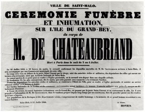 Poster for the Funeral of Francois Rene de Chateaubriand in St. Malo 18th July 1848 by French School